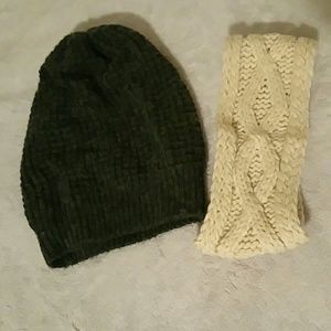 (NEW) Gray Grey Knitted Hat & Ivory Beige Headband